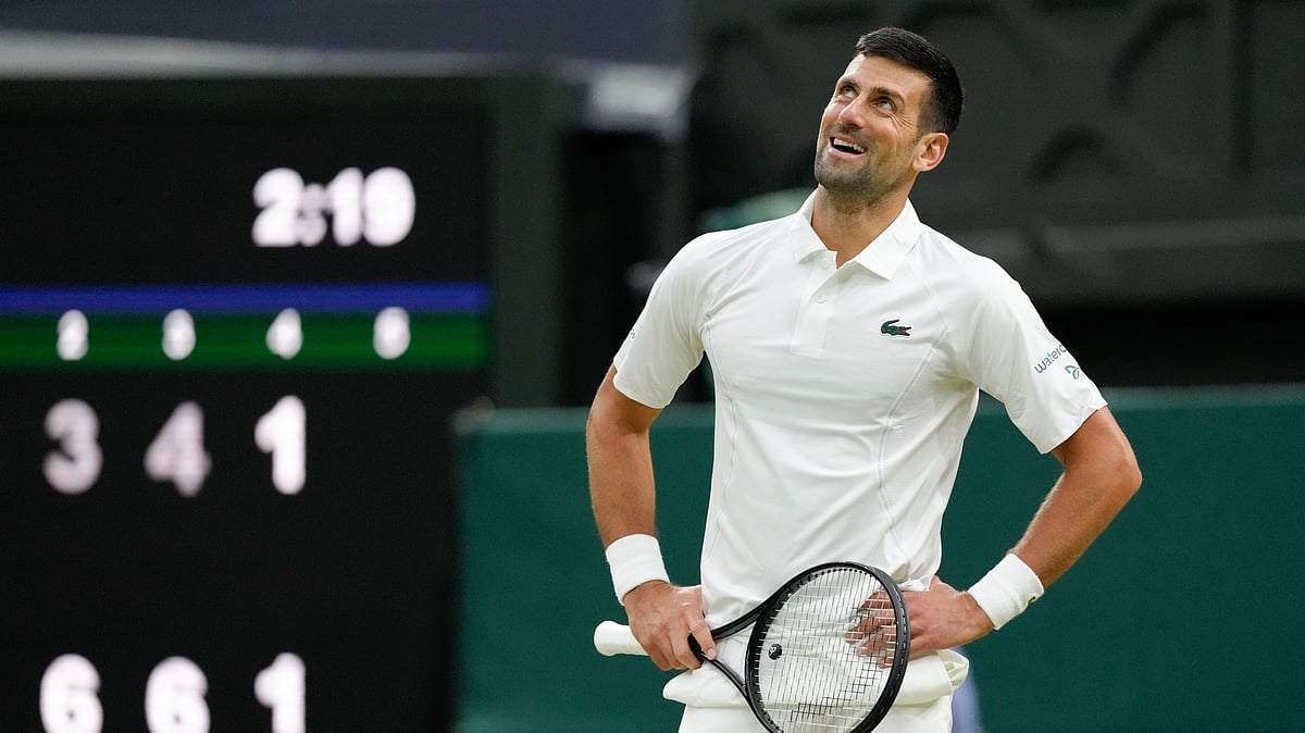  (AP Photo/Kirsty Wigglesworth) : Novak Djokovic of Serbia reacts during his third round match against Alexei Popyrin of Australia at the Wimbledon tennis championships in London, Saturday, July 6, 2024.
